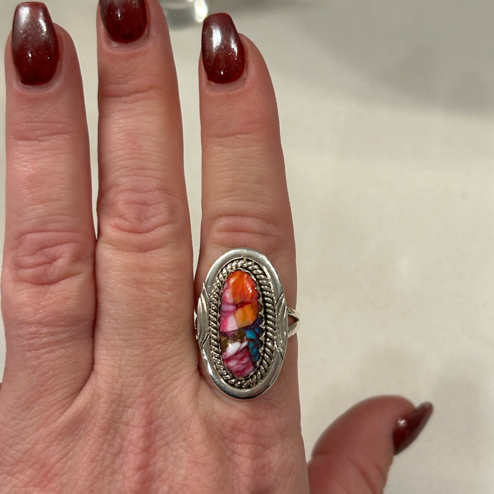 Pink Dahlia Natural Stone Ring in Sterling Silver